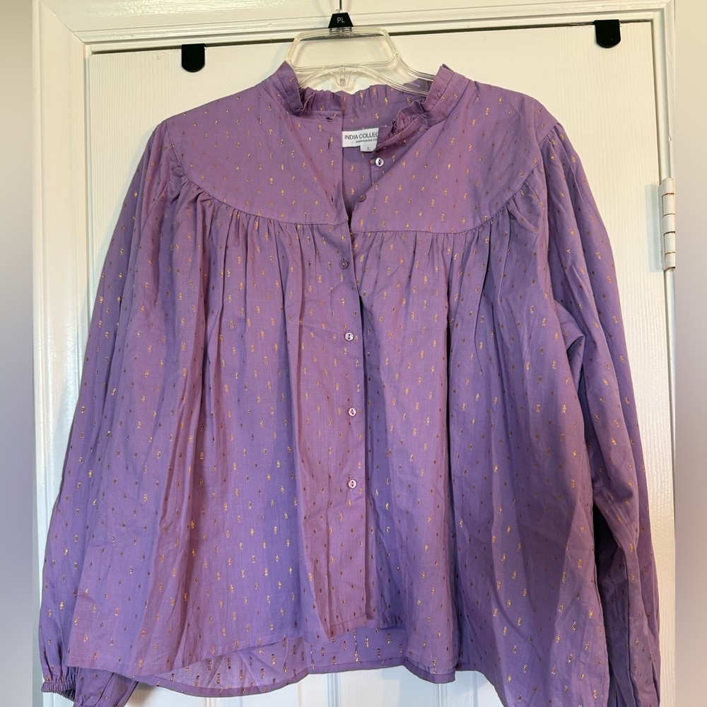 Emerson Fry India Collection Emmaline Lavender Gold Dot Blouse size large - Picture 4 of 9